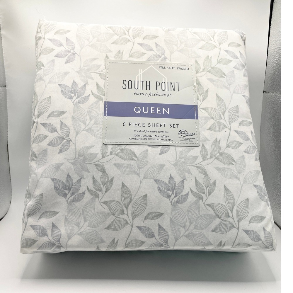South Point Sheet Set Queen White Grey NEW 6 Piece Microfiber Floral Leaf M3297